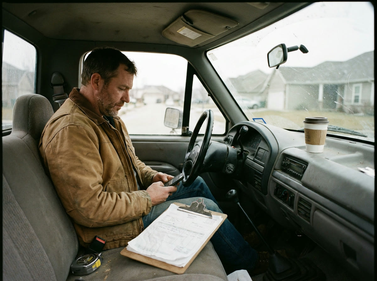 A contractor reads his AI check on his phone in his truck