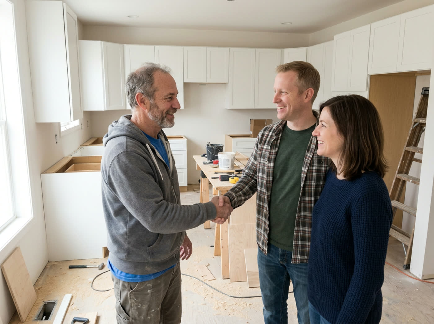 A contractor shakes hands with a homeowner couple